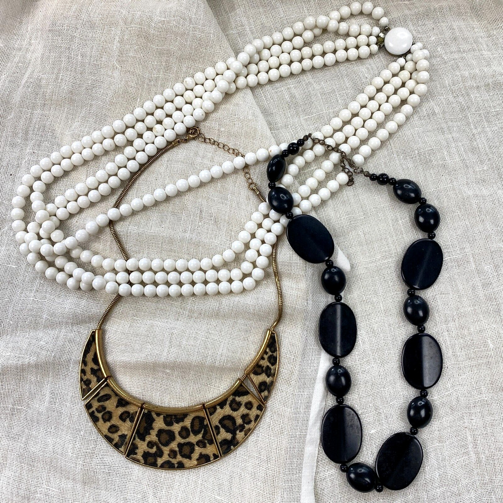 Vintage Necklace Lot Womens Chunky Beaded Animal Print Bold Glass Gold Black 3Pc